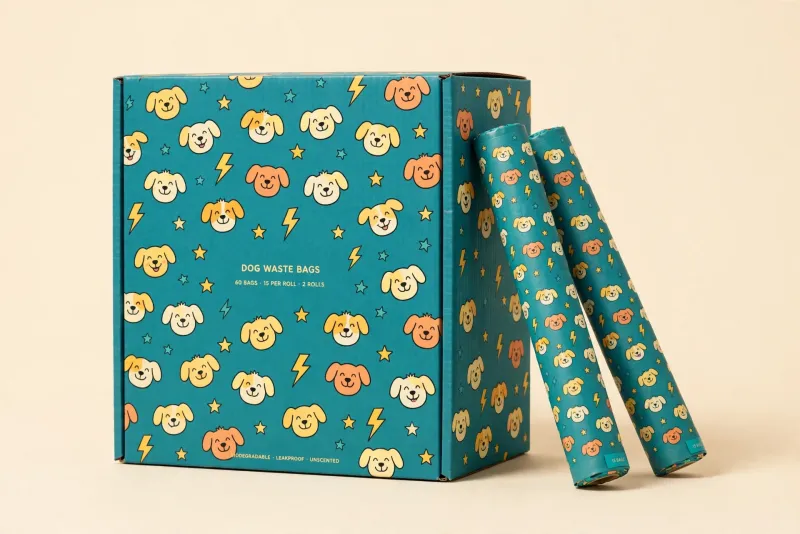 Teal Core Box printed with dog faces, stars and lightning bolts, with two matching rolls