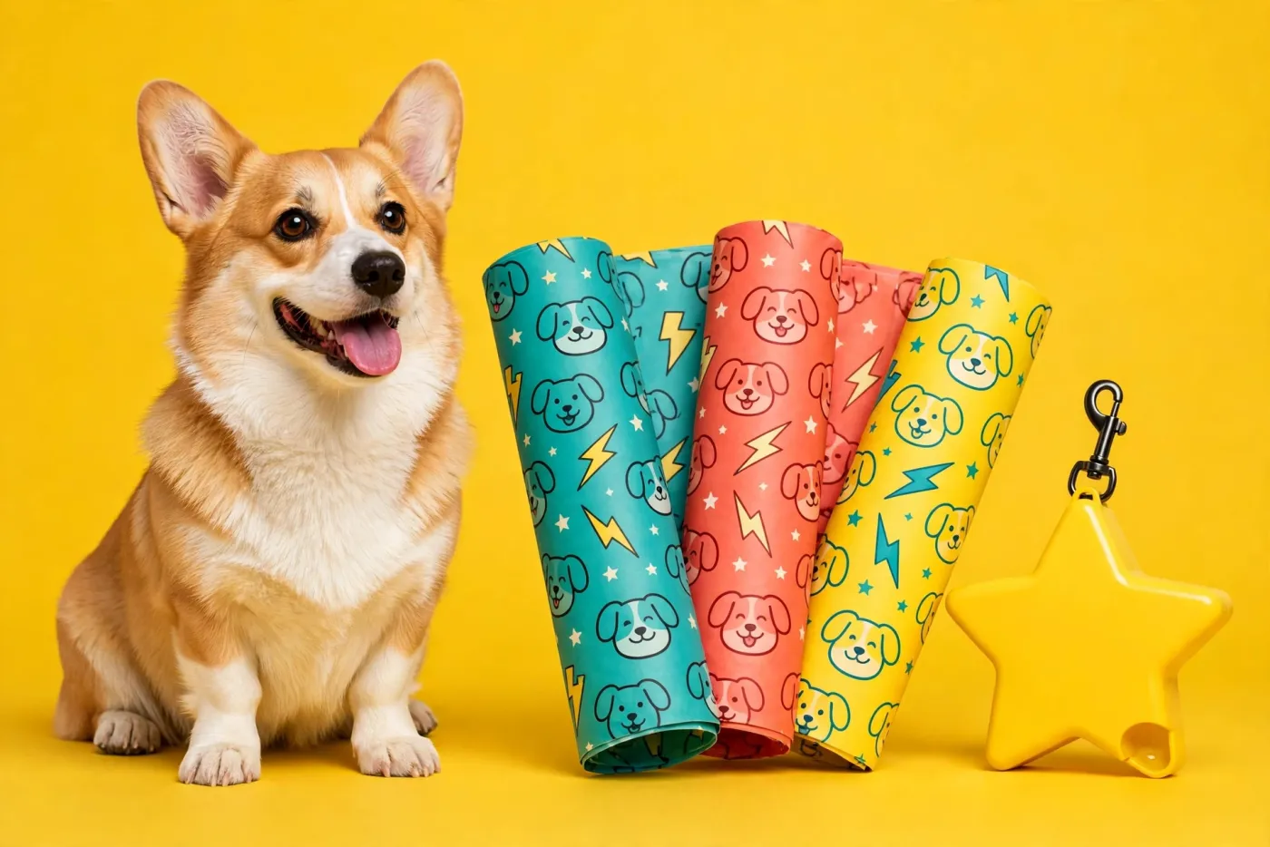 A happy corgi next to Deuce Bags rolls in teal, coral and yellow, printed with dog faces and lightning bolts, beside a yellow star-shaped dispenser