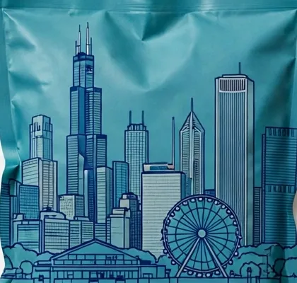 Close-up of the Windy City print, the Chicago skyline drawn in line art on teal, with a Ferris wheel