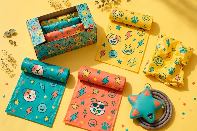 Flat lay of printed bags in teal, yellow and coral with a star-shaped dispenser and leash